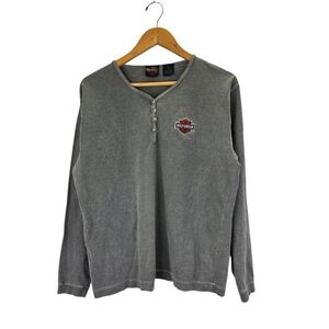Harley Davidson Henley Long Sleeve Gray Cotton Womens Embroided Shirt Size Large